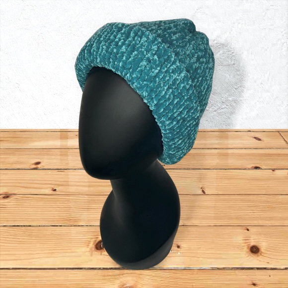 Handmade Super Soft Velvet Knit Beanie Handcrafted Hat Teal - Picture 9 of 11